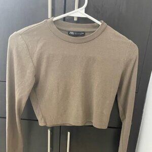 ZARA Women's Long Sleeve Crop Top Medium Beige Brown Fawn Taupe NWOT